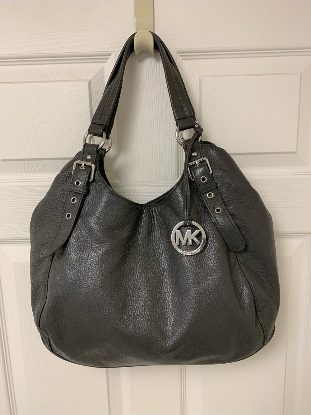 Michael Kors bedford gray pebbled leather satchel hobo purse bag